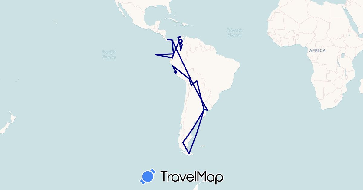 TravelMap itinerary: driving, boat in Argentina, Bolivia, Colombia, Ecuador, Panama, Peru, Uruguay (North America, South America)